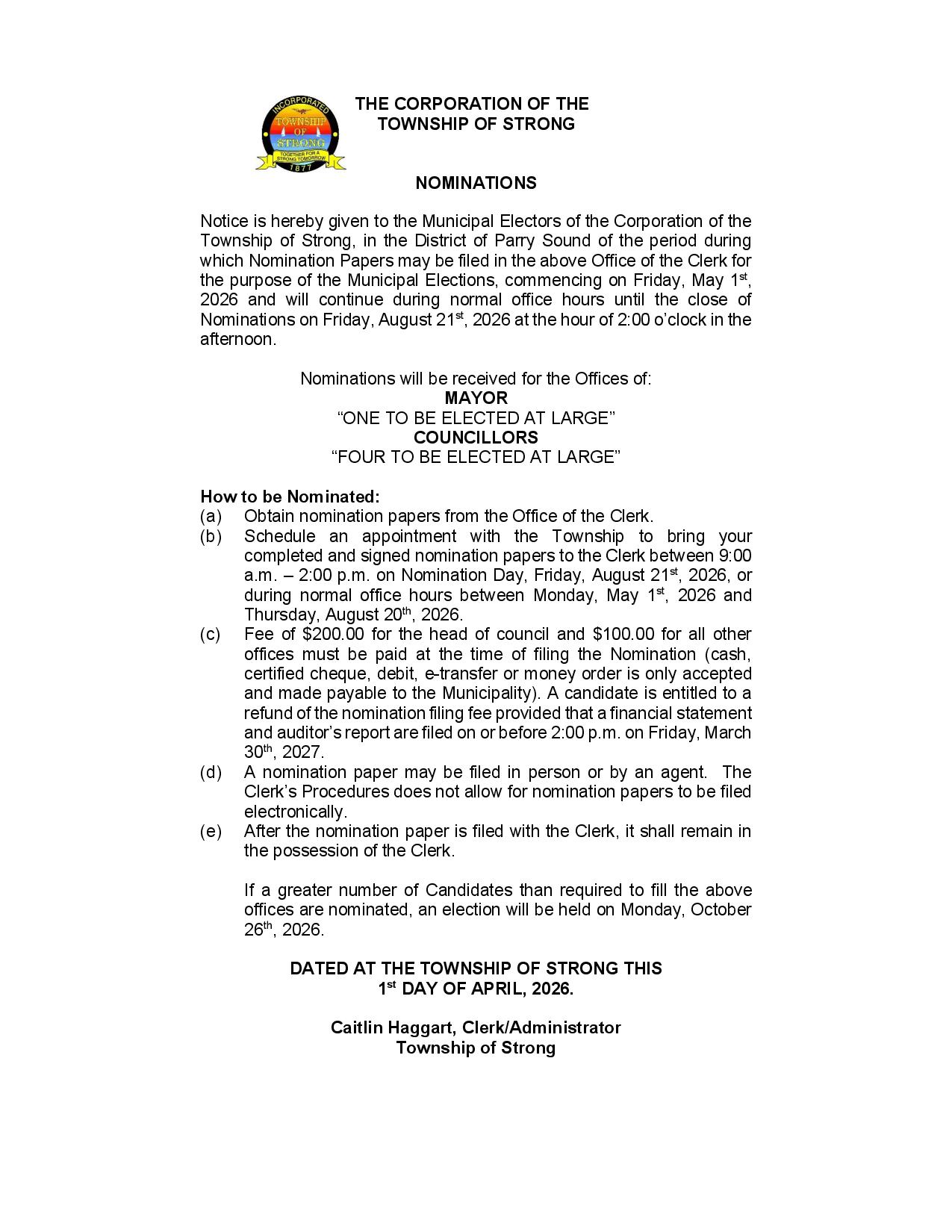 Notice of Nomination